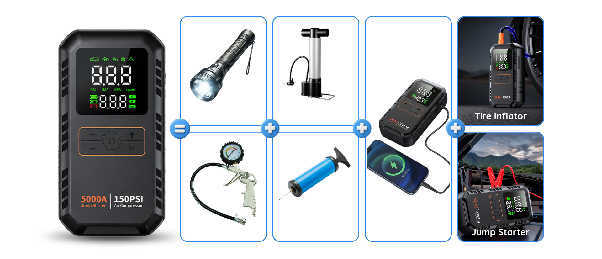 A portable multi-tool car inflator and jump starter device shown alongside several included accessories on a white background: a flashlight, pump, tire inflator, and jump starter.